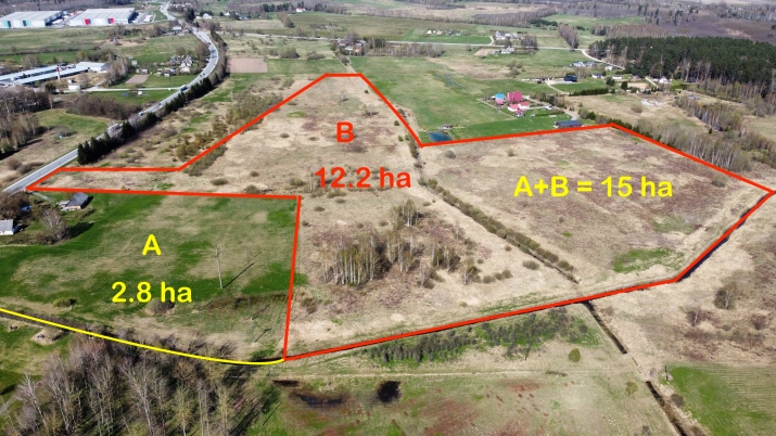 Sludinājumi. JRD - jauktas ražošanas un darījumu apbūves zeme.  Platība sastāv no diviem zemes gabaliem A Cena: 1.2e+06 EUR Foto #1