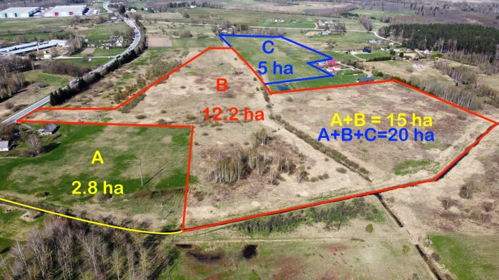 Sludinājumi. JRD - jauktas ražošanas un darījumu apbūves zeme.  Platība sastāv no trīs zemes gabaliem A (2.8ha), Cena: 1.6e+06 EUR Foto #1