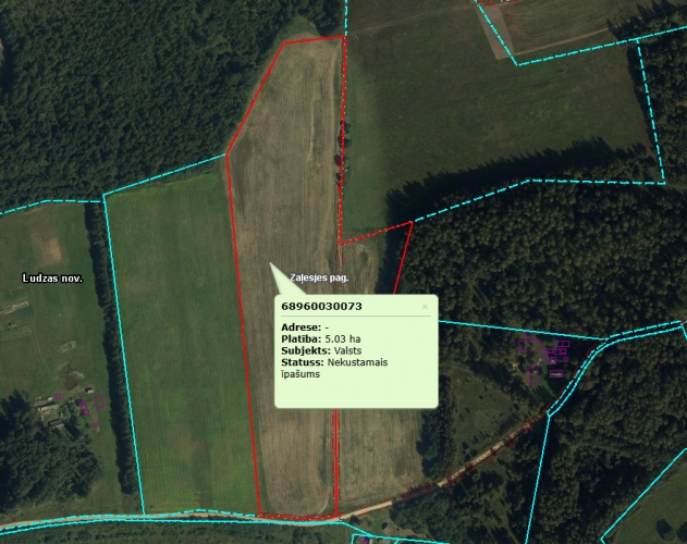 Sludinājumi. Iegādei pieejama piecu zemes gabalu pakete.  Kadastra apzīmējumi: 1. 6896 003 0073 (5,03 ha); 2. Cena: 95460 EUR Foto #2